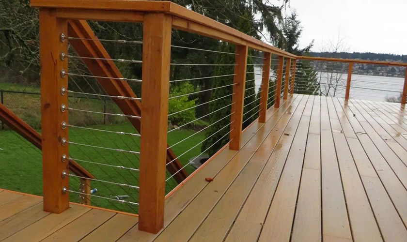 stained wood wire cable railing