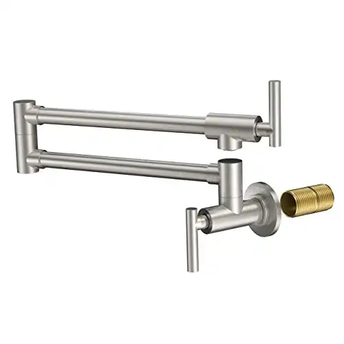 LEPO Pot Filler Faucet, Wall Mount Solid Brass Brushed Nickel Double Joint Swing Arm Folding Kitchen Faucets with Single Hole, 2 Handles
