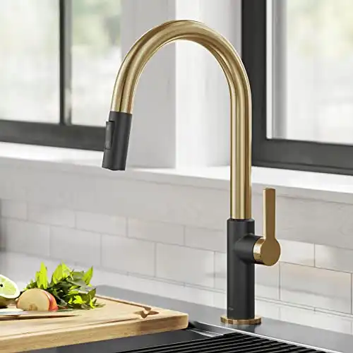 KRAUS Oletto Single Handle Pull-Down Kitchen Faucet in Brushed Brass / Matte Black, KPF-2820BBMB