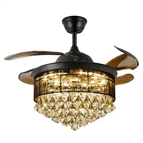 42 inch Retractable Crystal Ceiling Fan with Lights and Remote Dimmable Fandeliers Ceiling Fan Forward and Reverse 6 Speed Crystal Chandelier Fan with Retractable Blades for Bedroom Living Room…